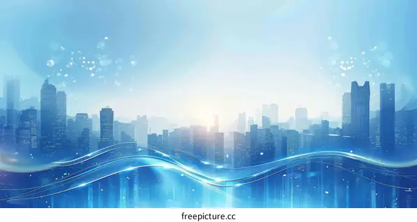 City Skyline and Blue Wave Background