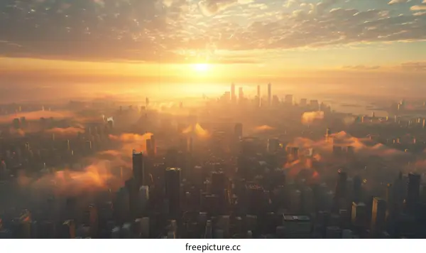 Sunrise over a Misty City Skyline