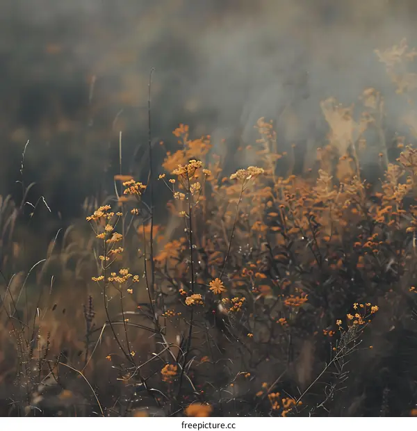 Autumn Field With Yellow Flowers And Fog