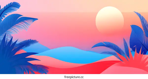 Tropical Sunset Landscape with Palm Leaves and Abstract Mountains