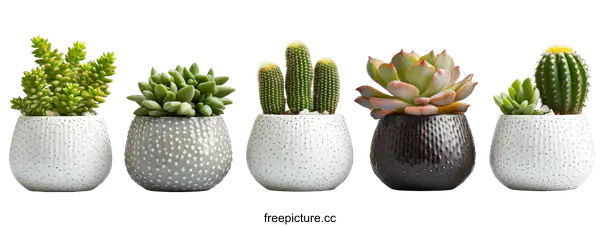 [Transparent Background PNG]Assortment of Succulents and Cacti in Decorative Pots