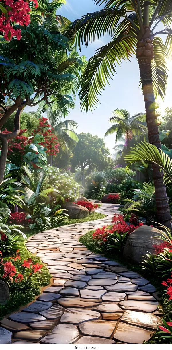 tropical garden path with palm trees and lush vegetation
