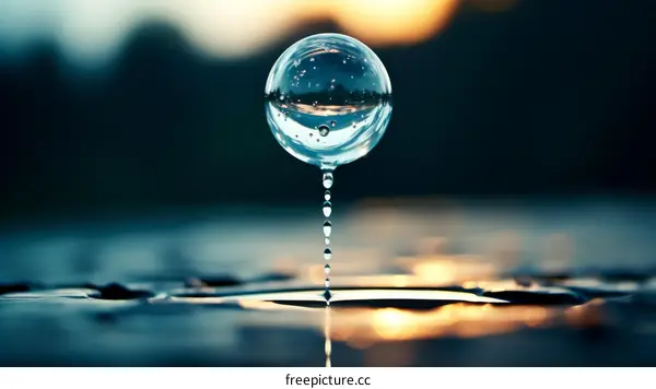 Water Drop Splashing on Surface with Sunset in the Background