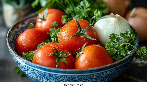 A bowl of fresh tomatoes and parsley