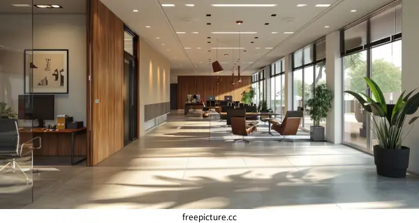 Modern Office Interior with Large Windows and Wood Accents
