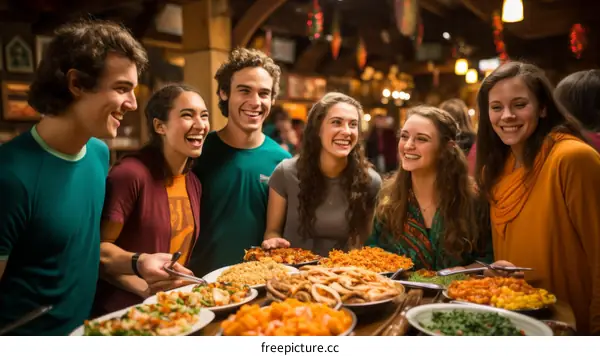 A group of multi-ethnic friends enjoying a meal together at a restaurant