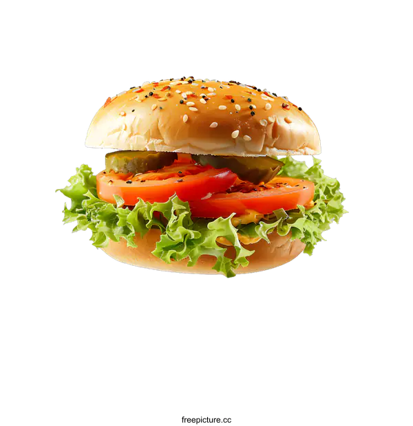 [Transparent Background PNG]yummy burger with pickles tomatoes and lettuce
