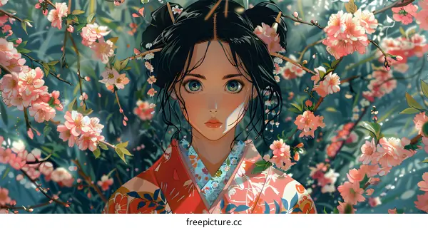 portrait of a beautiful asian woman with blue eyes and black hair wearing a kimono standing in a field of pink flowers