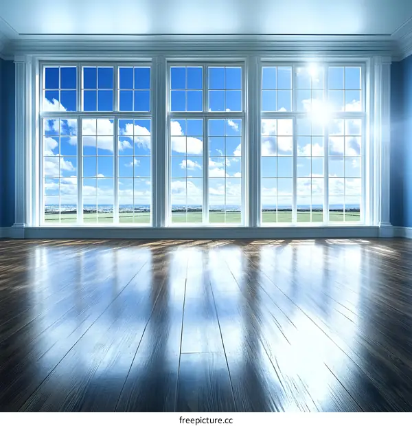 Large Windows View Of The Blue Sky And Green Field