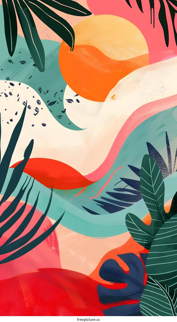 Abstract Tropical Illustration with Sun and Leaves