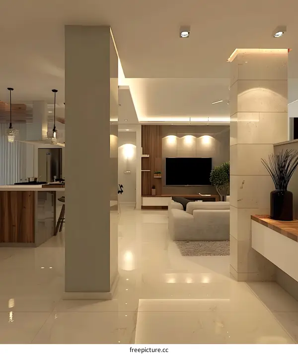 Modern Minimalist Living Room Interior Design with  White Sofa and Wood Accents