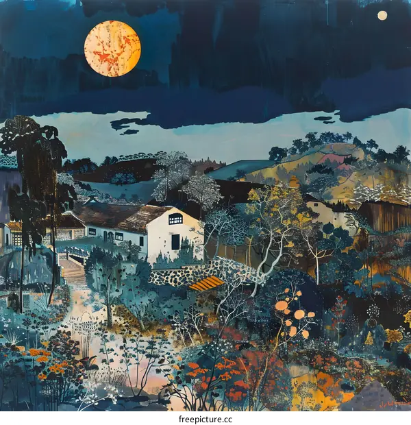 Night Sky Over Hills and Houses in Blue and Orange Tones