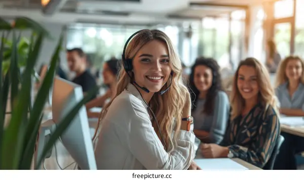 portrait of a smiling young female customer service representative with a headset on