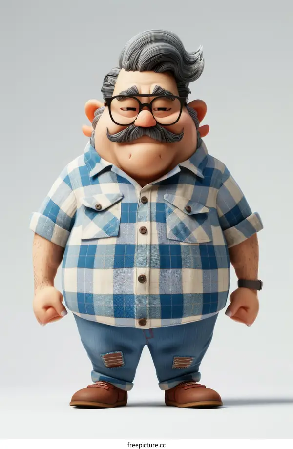 A 3D rendering of an elderly man with glasses and a plaid shirt