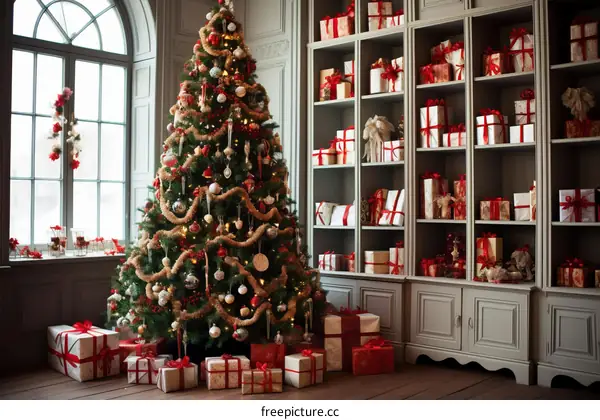 A beautifully decorated Christmas tree stands in the living room.