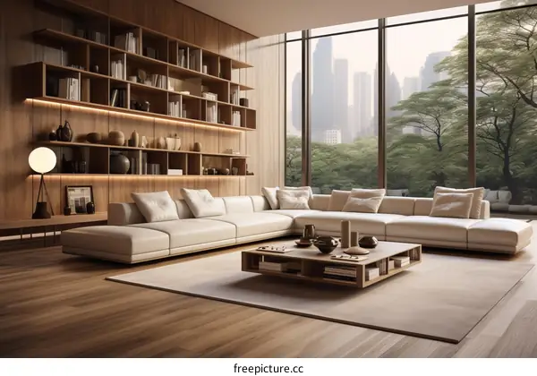 Modern living room interior design with large windows and a comfortable sofa