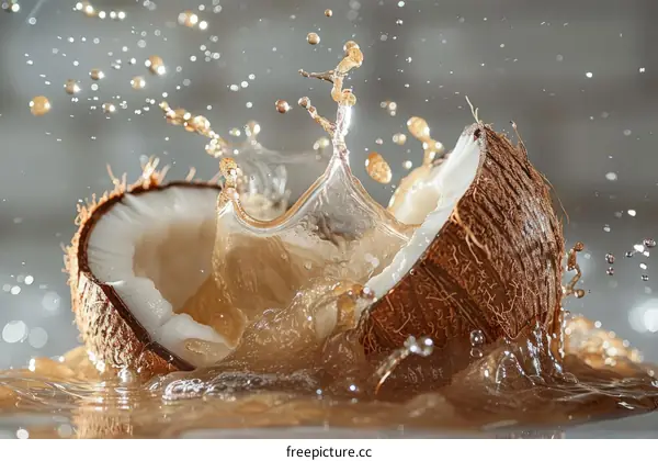 Coconut water splashing out of a coconut