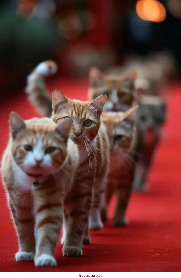 A group of ginger cats walking down a red carpet