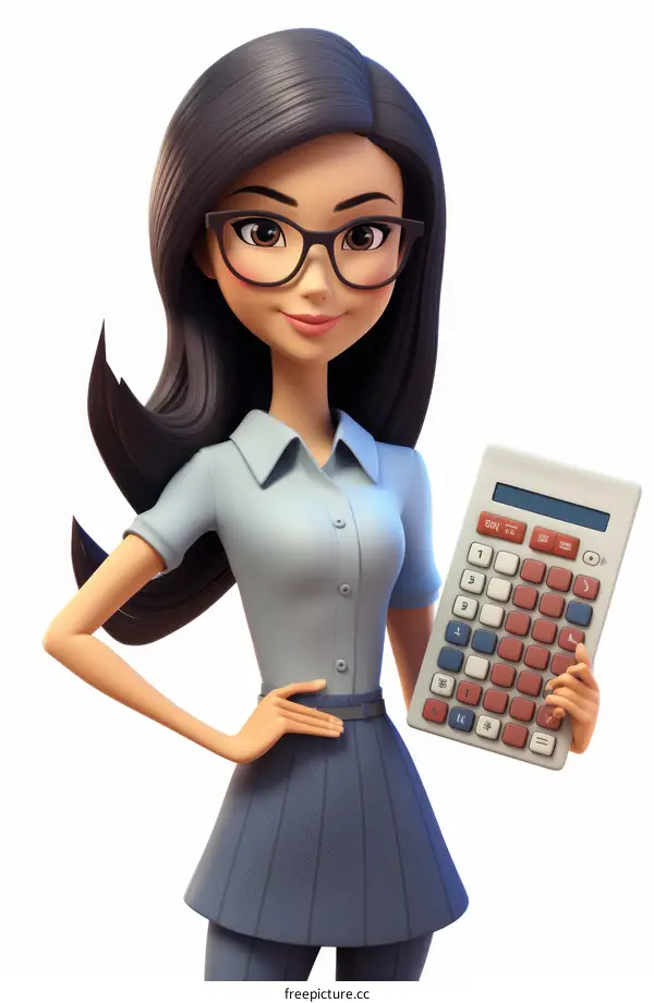 A 3D illustration of a young woman wearing glasses and holding a calculator
