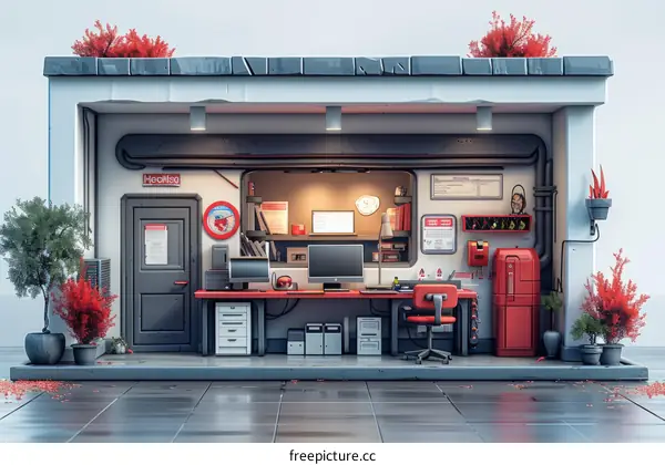 Sci-fi illustration of a small business office