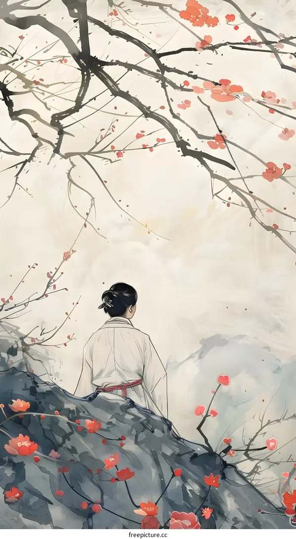Traditional Chinese Painting with Woman and Plum Blossoms