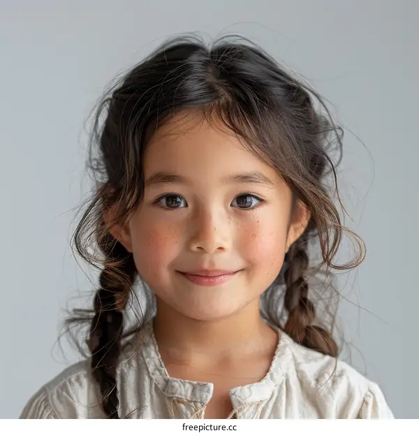 Portrait of a young girl with freckles and brown hair