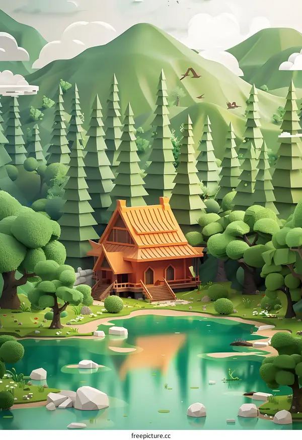Low Poly Illustration of a House in the Woods