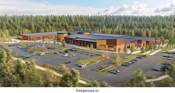 New Modern Building with Parking Lot and Forest