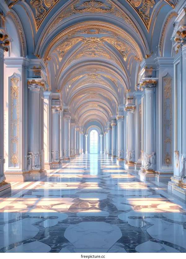 Ornate Hallway with Blue and Gold Decor