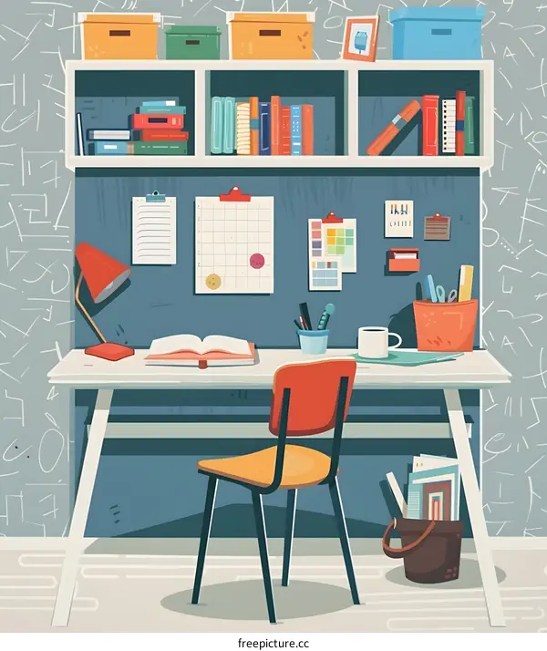Cartoon Illustration of a Study Desk with Bookshelves