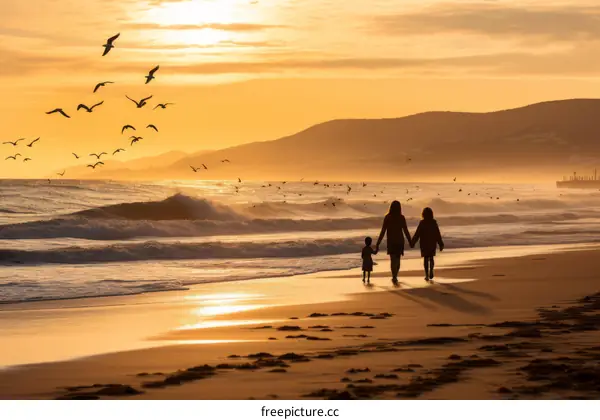 Family walking on beach at sunset with seagulls flying overhead