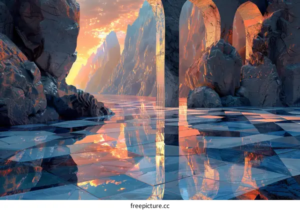 Mystical Rocky Landscape with Sunset