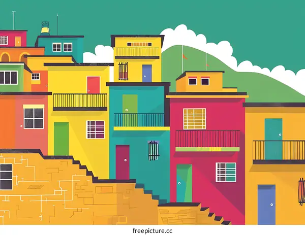 Colorful Illustration Of Buildings And Houses In A Row