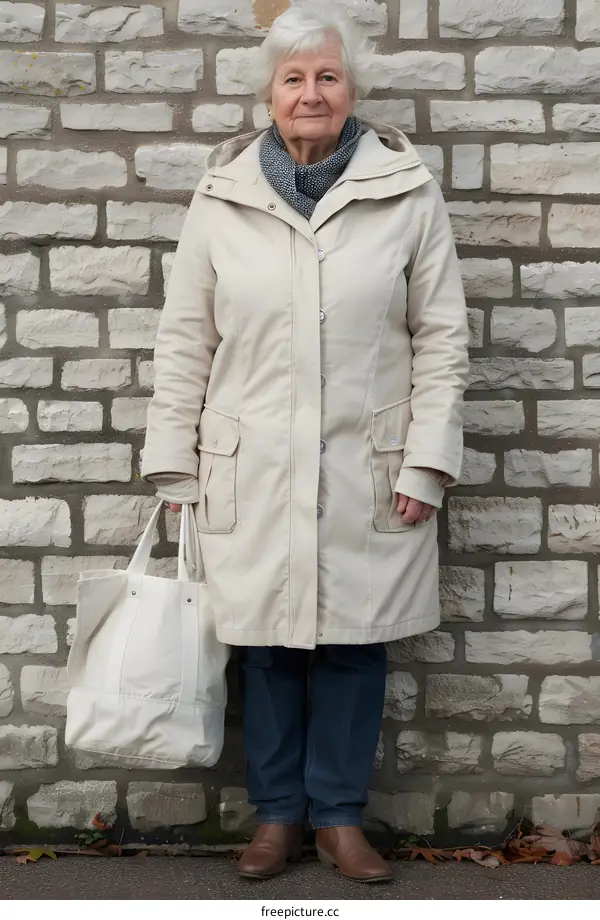 Elderly Woman Standing by Brick Wall