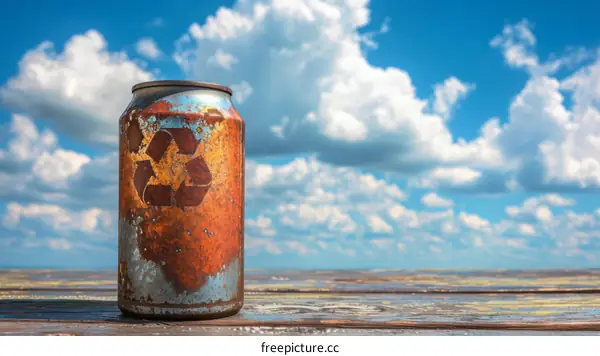 rusty recycle aluminum can on wooden table against blue sky