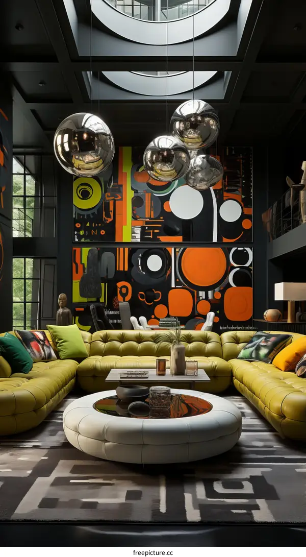 Modern living room interior design with large colorful painting and stylish furniture