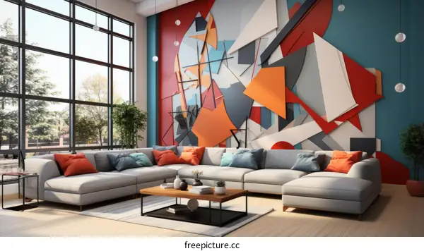 A modern living room with a large colorful mural on the wall