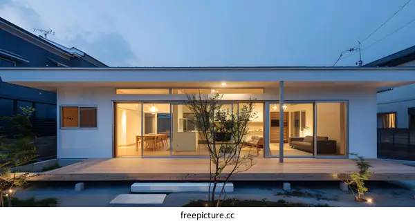 Modern Japanese House with Wooden Deck and Large Windows