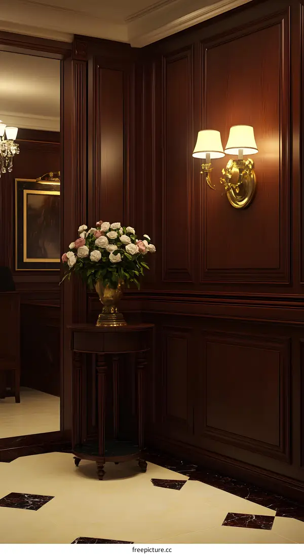 Classic Interior Design With Wooden Paneling and Floral Arrangement