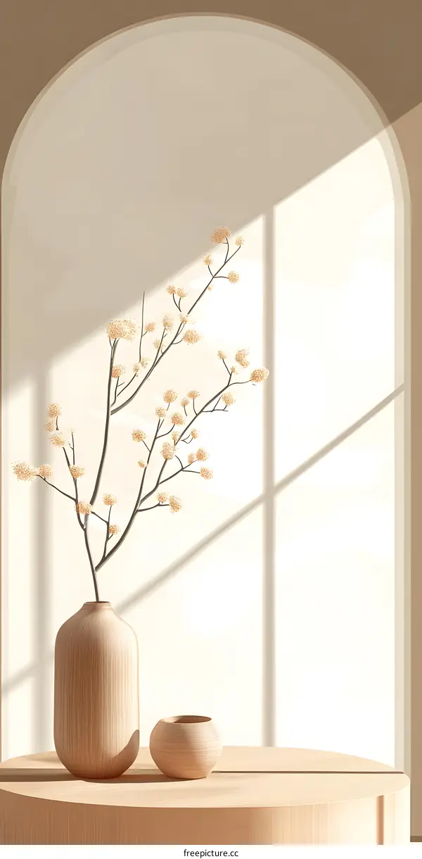 Minimalist Illustration of a Wooden Vase With a Flower Branch in Front of a Window