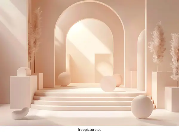 Minimalist Abstract Room Interior with Arches and Geometric Shapes