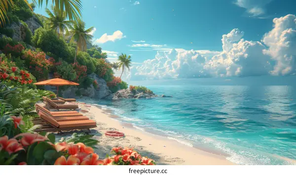 Beach with palm trees and blue water