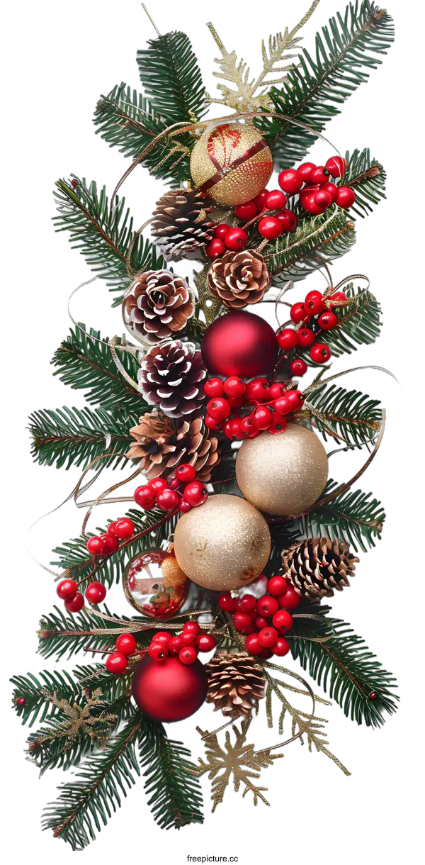 [Transparent Background PNG]Christmas Decoration with Pine Branches, Red Berries and Golden Ornaments