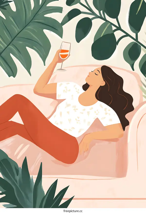 Woman Relaxing on a Couch with a Glass of Wine