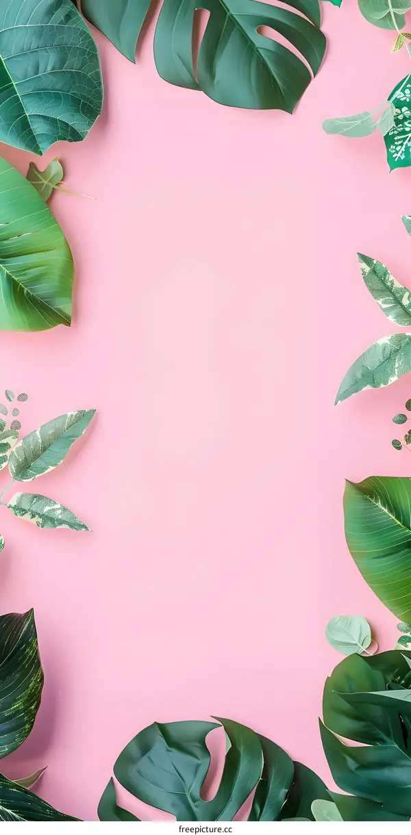Green Tropical Leaves on Pink Background