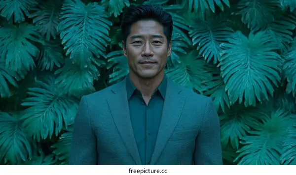 Asian Man in Teal Suit against Lush Green Foliage