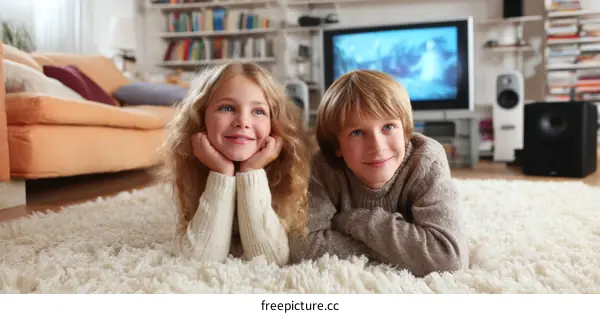 Two Children Relaxing on a Carpet Watching TV