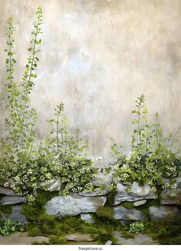 Stone Wall With Green Vines and Moss