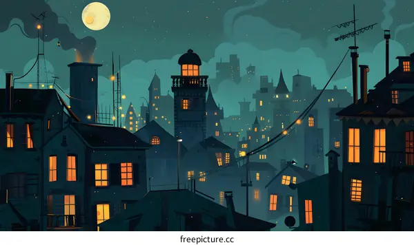 Night Cityscape With Moon Illustration