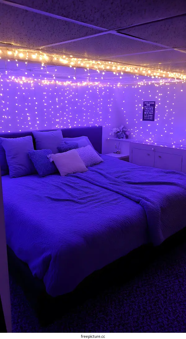 Purple Bedroom With Fairy Lights And Pillows